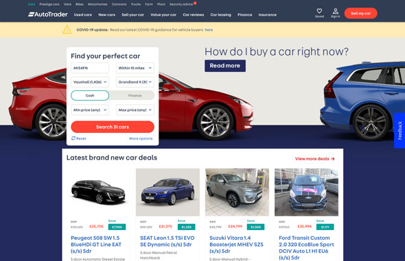 Auto Trader home page as of 04/11/2020
