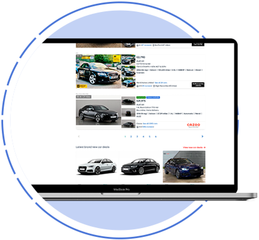 Pay Per Click An laptop showing search results of vehicles on the Autotrader site with promoted advertising positions
