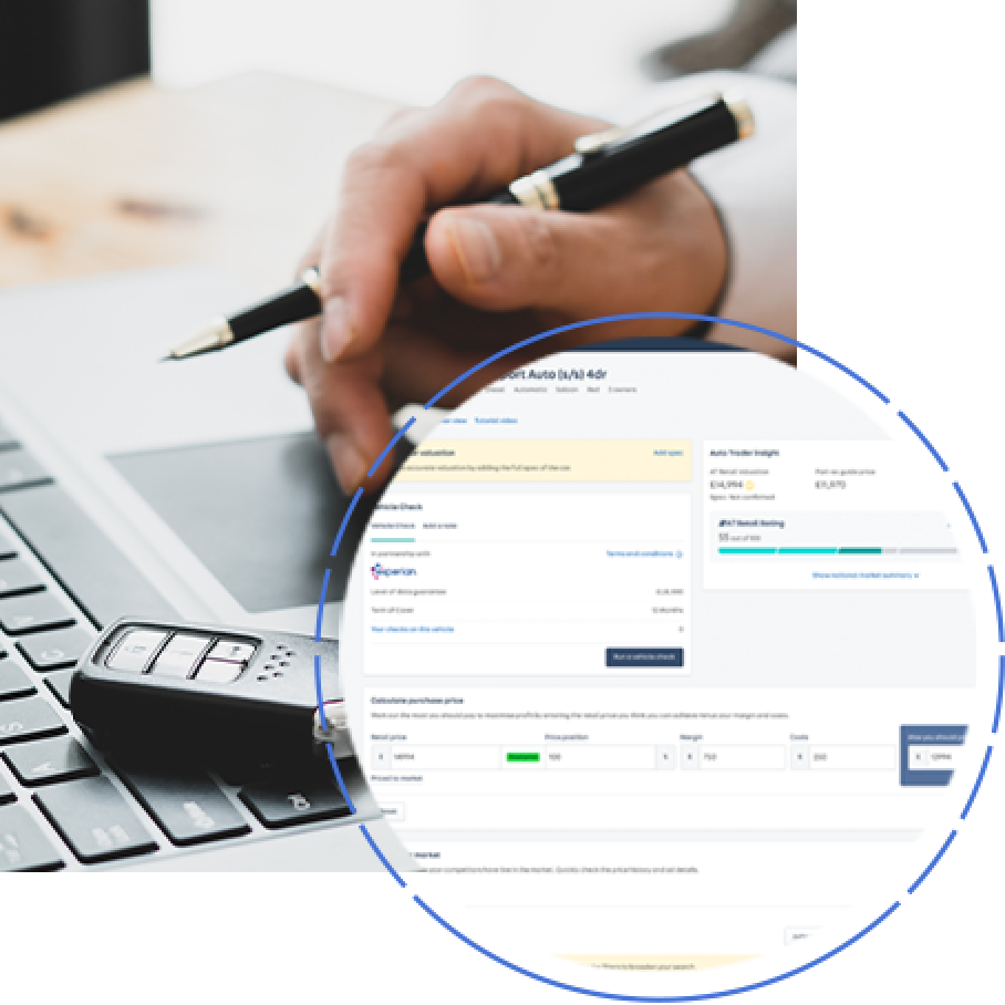 Retail Check Collage: Image 1: A sales manager working out data with a laptop whilst holding a pen. Image 2: A screenshot of the Retail Check platform on Autotrader.